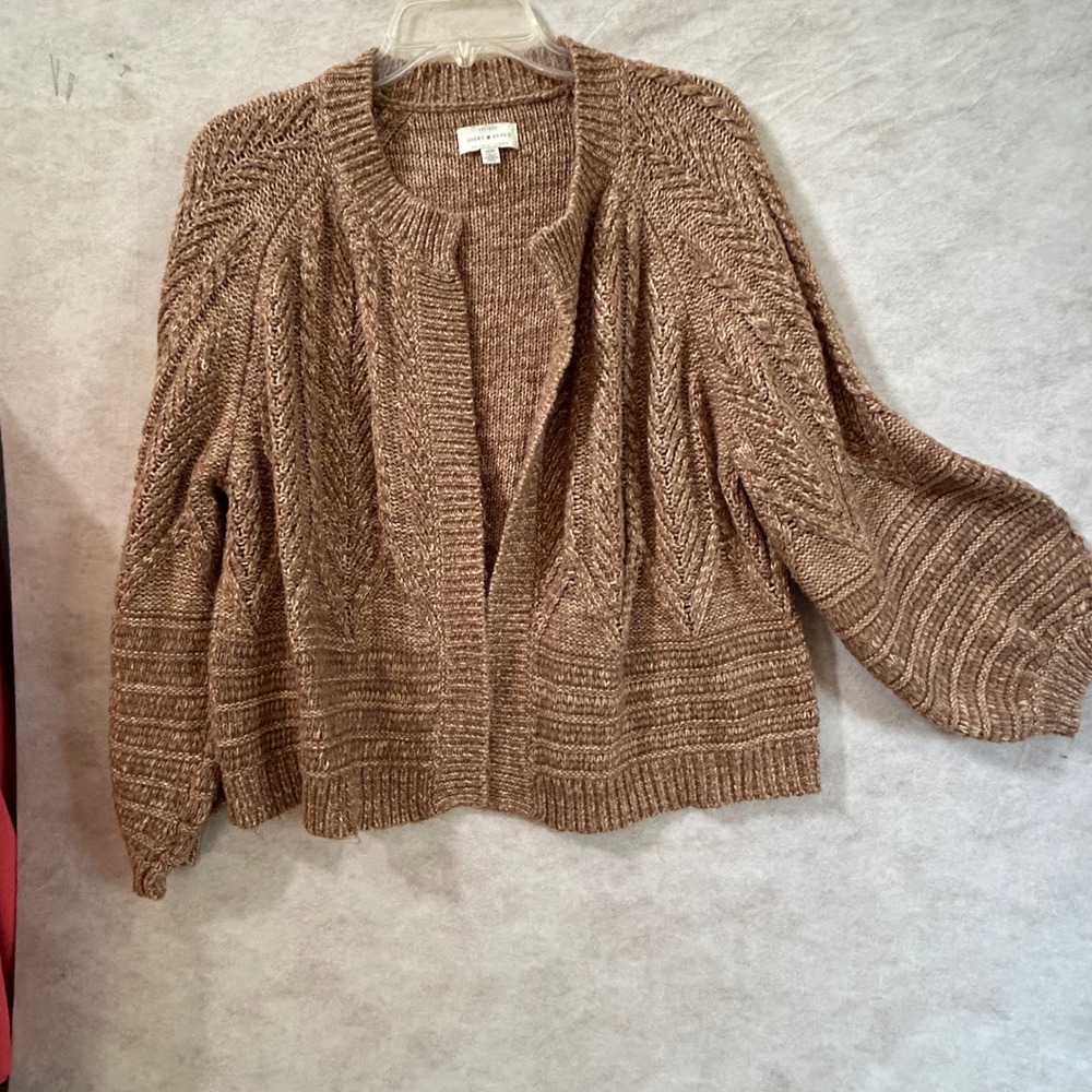 Lucky Brand Womens Brown Cable Knit Balloon Sleeve Open Front Cardigan Medium